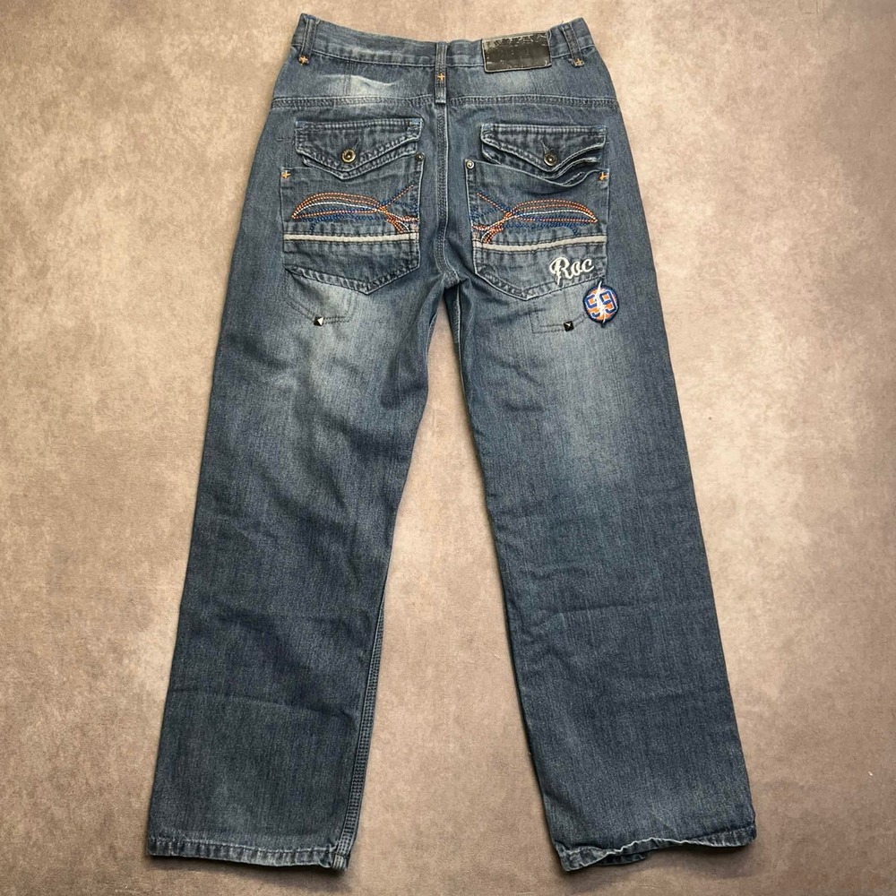 Rocawear Rebels Baggy Jeans Blue Denim Skull Embroidered Studded 28x27 Y2K